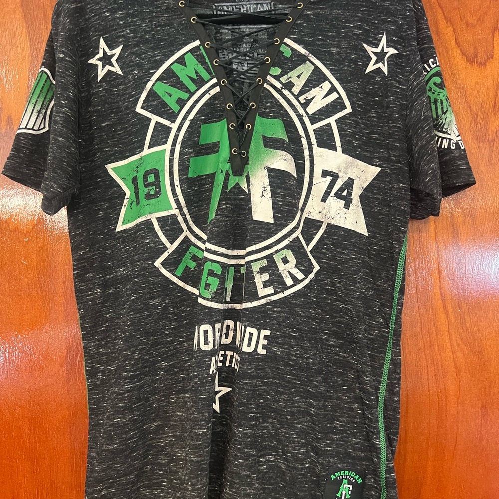 Custom Lace Up Sexy American Fighter by Buckle Charcoal and Green Graphic Tee
